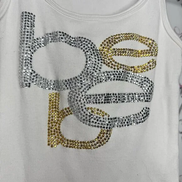 Bebe White Tank Top bling rhinestone diamonds Gold and Silver Logo OG - Picture 2 of 8
